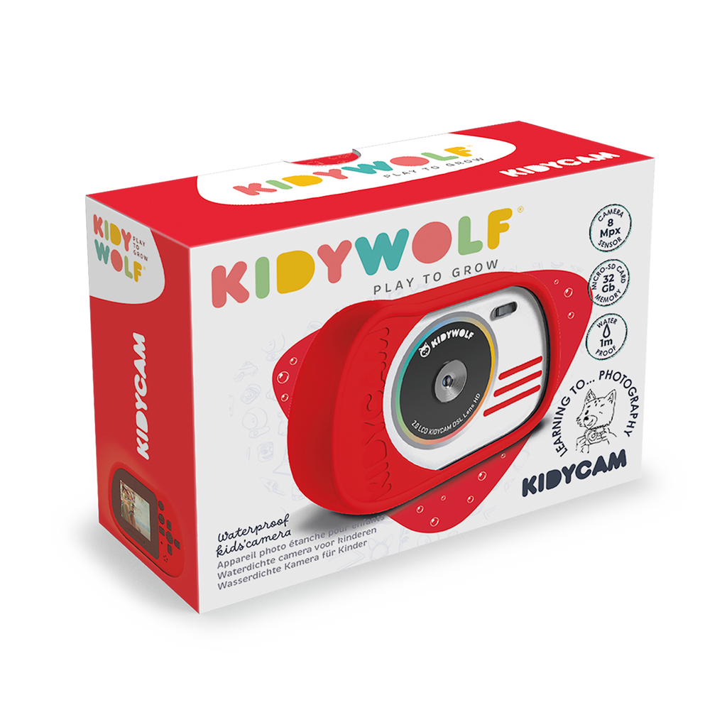 Packaging for a KidyWolf KidyCam, featuring a colorful children's camera. Highlights include waterproof design, 8 MP sensor, and playful graphics.