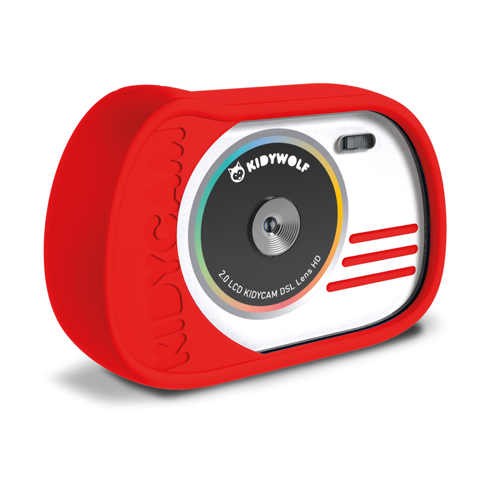 Red kid's digital camera with rounded edges and a prominent lens. The front features playful design elements, conveying a fun and friendly tone.