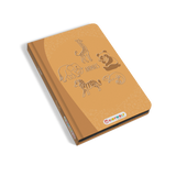 Brown notebook with animal sketches including a giraffe, panda, elephant, zebra, and chameleon. "Animals" text in the center. Kidywolf logo at the bottom.