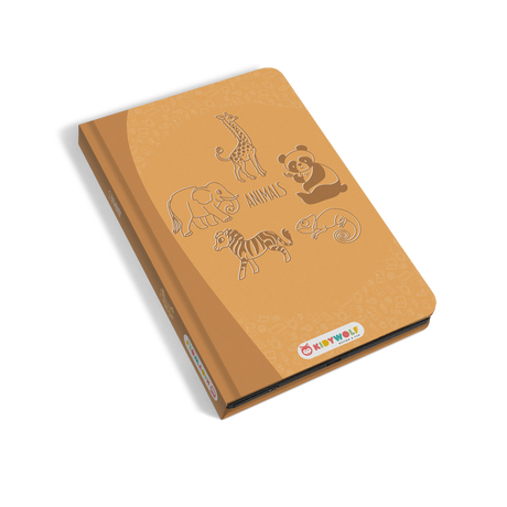 Brown notebook with animal sketches including a giraffe, panda, elephant, zebra, and chameleon. "Animals" text in the center. Kidywolf logo at the bottom.