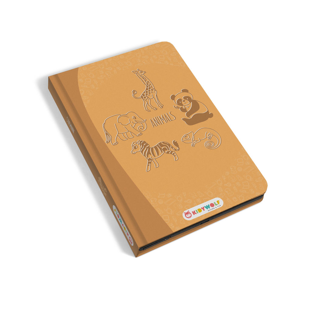 Brown notebook with animal sketches including a giraffe, panda, elephant, zebra, and chameleon. "Animals" text in the center. Kidywolf logo at the bottom.