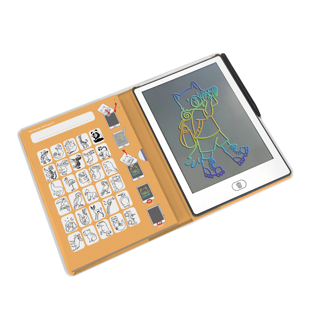 An open drawing tablet showing a colorful outline of a cat holding binoculars. Next to it, a page displays various animal sketches on a tan background.