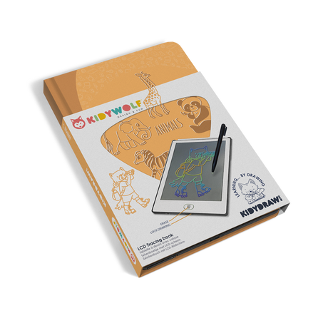 Packaging for a Kidywolf LCD tracing book features colorful drawings of animals and a digital tablet with a stylus, highlighting learning and creativity.