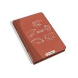 Red booklet with white dinosaur illustrations, including a pterodactyl and triceratops. Labeled "Dinosaurs" with playful, educational tone.