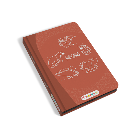 Red booklet with white dinosaur illustrations, including a pterodactyl and triceratops. Labeled "Dinosaurs" with playful, educational tone.