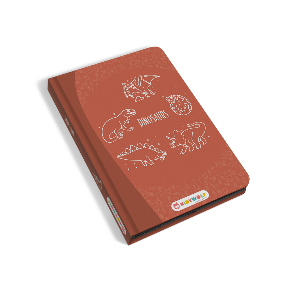 Red booklet with white dinosaur illustrations, including a pterodactyl and triceratops. Labeled "Dinosaurs" with playful, educational tone.