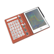 An open electronic sketchbook displays a colorful dinosaur drawing on the right screen, while the left page shows various black-and-white stencil designs.