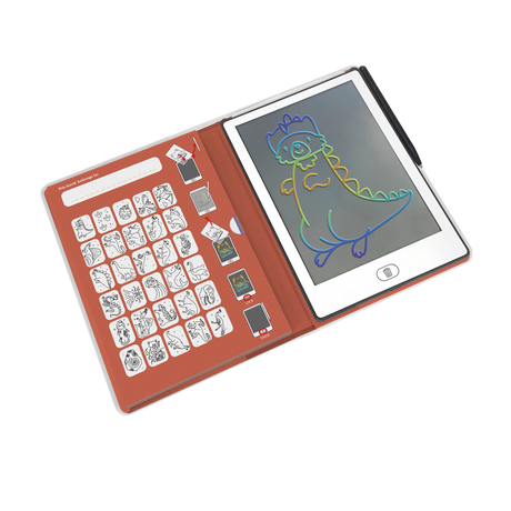 An open electronic sketchbook displays a colorful dinosaur drawing on the right screen, while the left page shows various black-and-white stencil designs.