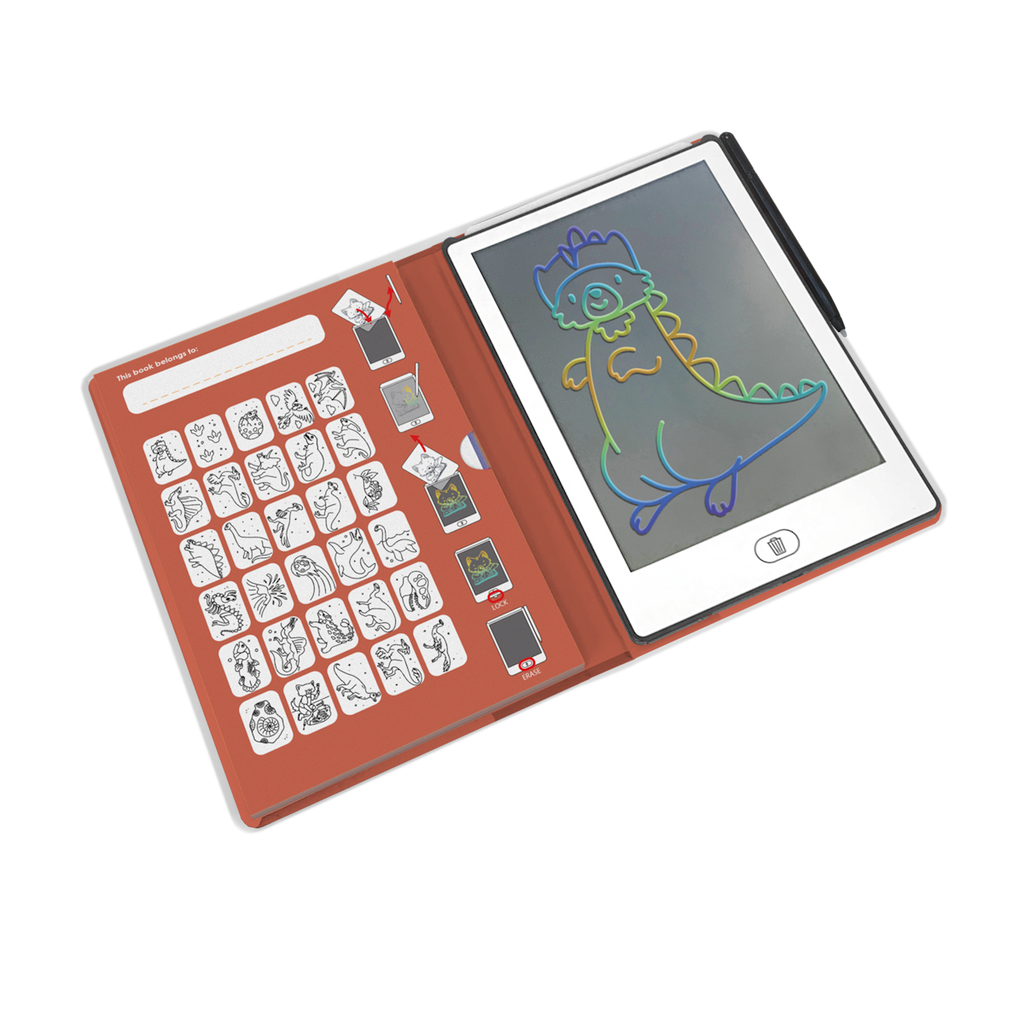 An open electronic sketchbook displays a colorful dinosaur drawing on the right screen, while the left page shows various black-and-white stencil designs.