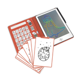 An open electronic sketchbook displays a colorful dinosaur drawing on the right screen, while the left page shows various black-and-white stencil designs.