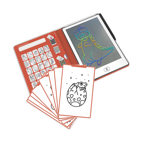 An open electronic sketchbook displays a colorful dinosaur drawing on the right screen, while the left page shows various black-and-white stencil designs.