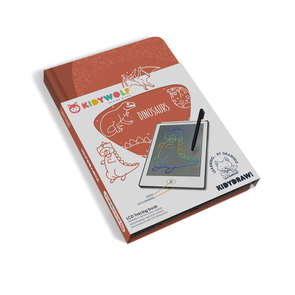 Packaging for a Kidywolf LCD tracing book features colorful drawings of animals and a digital tablet with a stylus, highlighting learning and creativity.