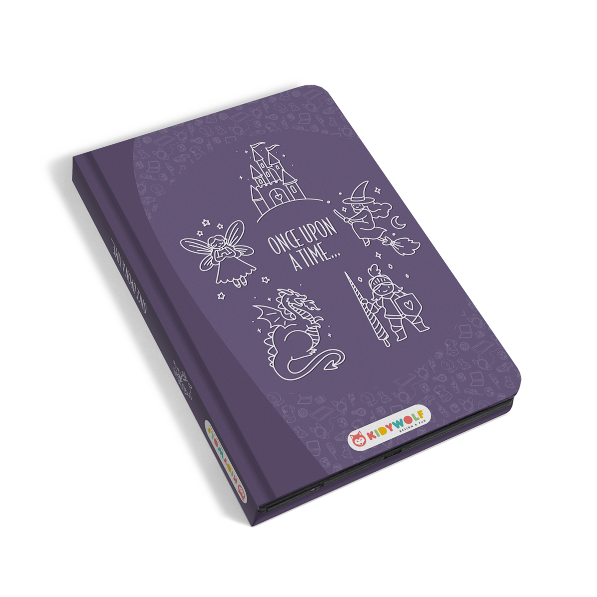 Purple children's tablet cover with white illustrations of a fairy, castle, wizard, dragon, and knight. "Once Upon a Time" text evokes a magical, adventurous tone.