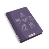Purple children's tablet cover with white illustrations of a fairy, castle, wizard, dragon, and knight. "Once Upon a Time" text evokes a magical, adventurous tone.