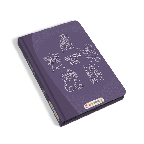 Purple children's tablet cover with white illustrations of a fairy, castle, wizard, dragon, and knight. "Once Upon a Time" text evokes a magical, adventurous tone.