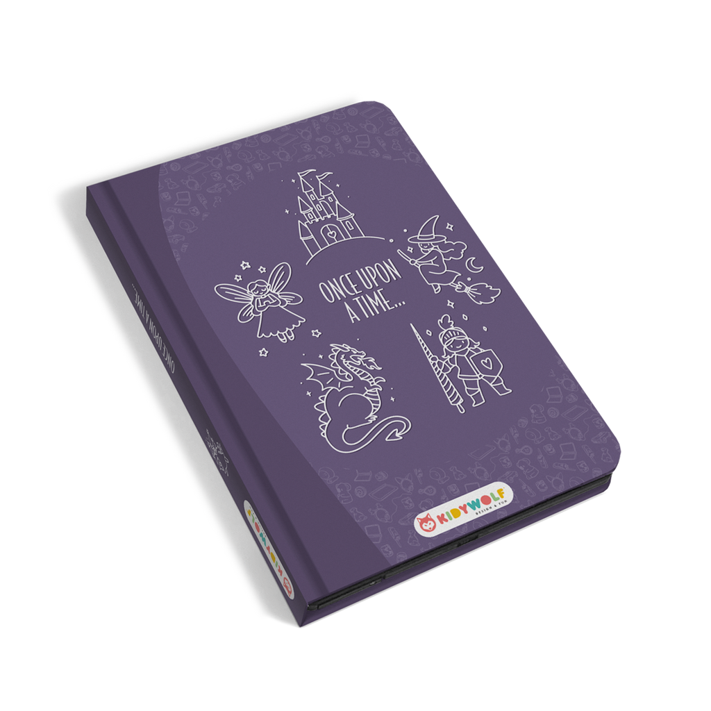Purple children's tablet cover with white illustrations of a fairy, castle, wizard, dragon, and knight. "Once Upon a Time" text evokes a magical, adventurous tone.