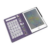 An open digital drawing book showing colorful wizard art on the right screen and various black-and-white sketch templates on the left page, set against a white background.