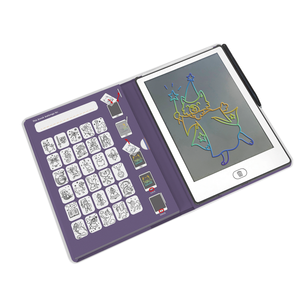 An open digital drawing book showing colorful wizard art on the right screen and various black-and-white sketch templates on the left page, set against a white background.