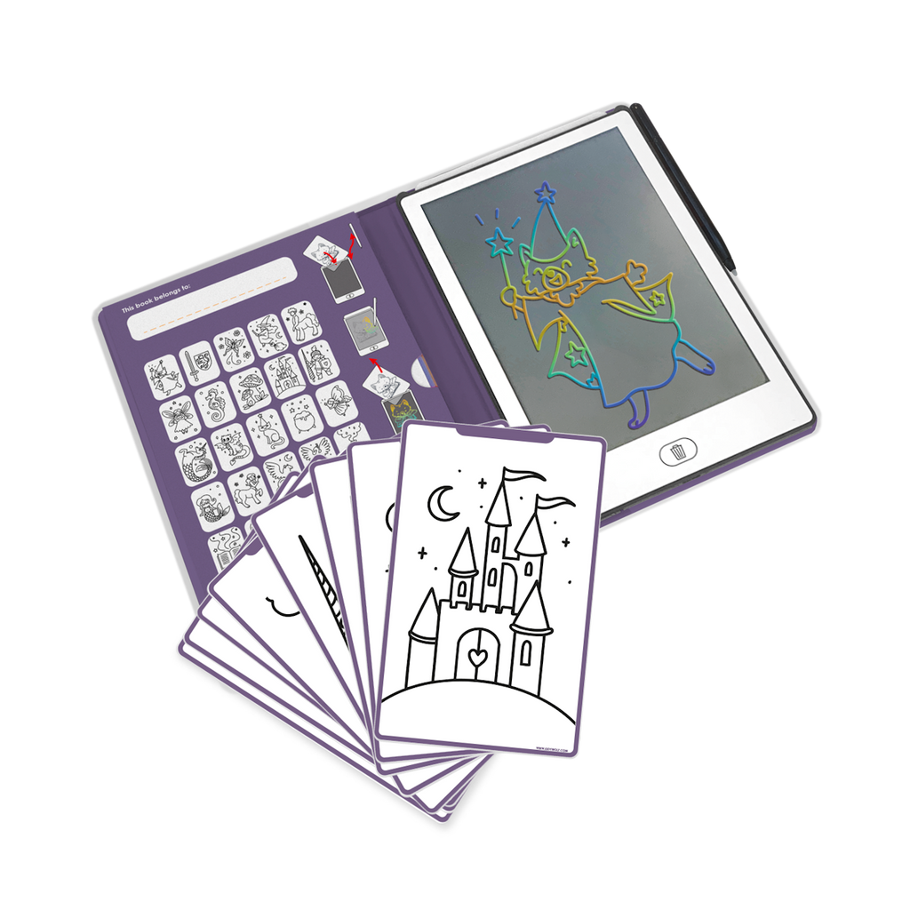 An open digital drawing book showing colorful wizard art on the right screen and various black-and-white sketch templates on the left page, set against a white background.