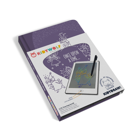 Packaging for a Kidywolf LCD tracing book features colorful drawings of animals and a digital tablet with a stylus, highlighting learning and creativity.
