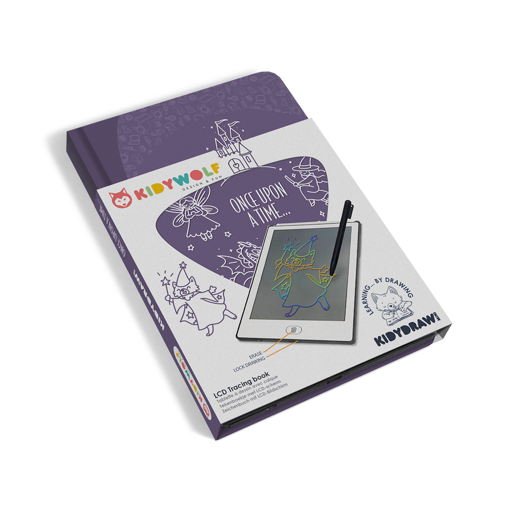 Packaging for a Kidywolf LCD tracing book features colorful drawings of animals and a digital tablet with a stylus, highlighting learning and creativity.