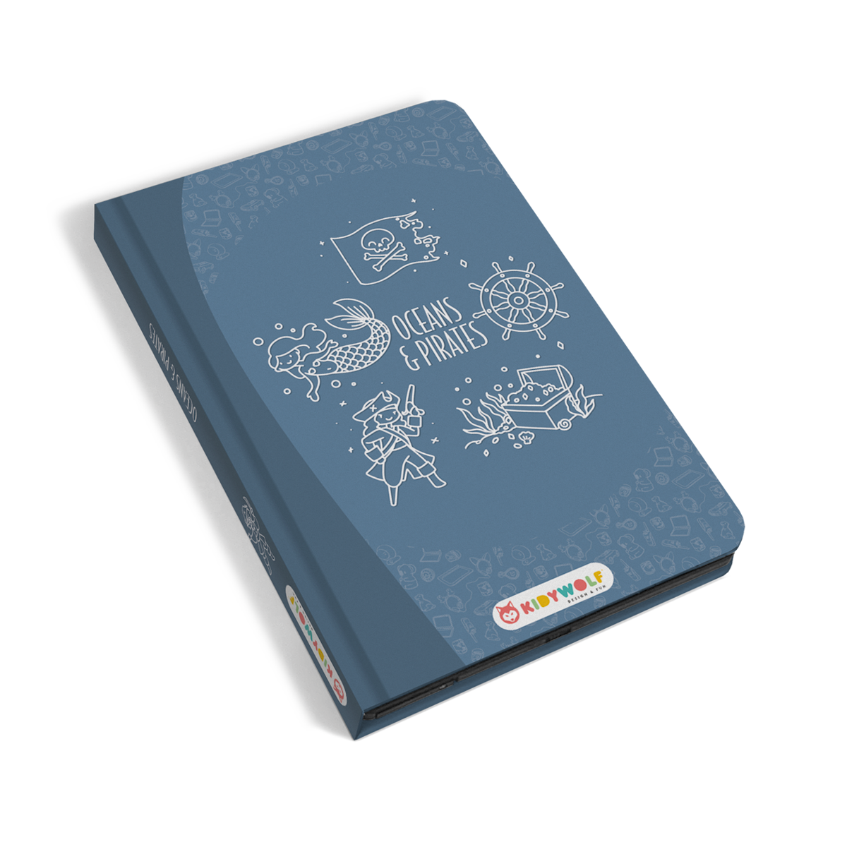 Blue children's tablet cover titled "Oceans & Pirates," featuring white line drawings of a mermaid, pirate, treasure chest, wheel, and skull flag. Playful theme.