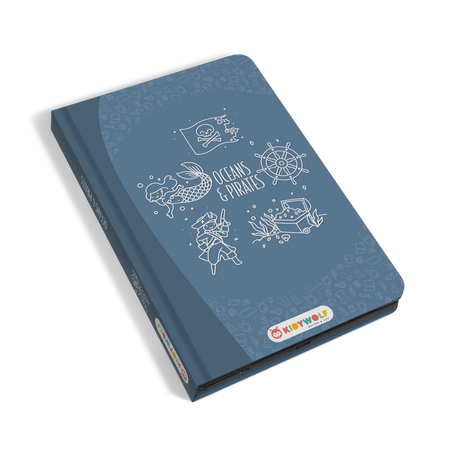 Blue children's tablet cover titled "Oceans & Pirates," featuring white line drawings of a mermaid, pirate, treasure chest, wheel, and skull flag. Playful theme.