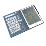 Digital drawing pad open to a pirate illustration with colorful lines on the right. Left side shows black and white drawing templates on a blue background.