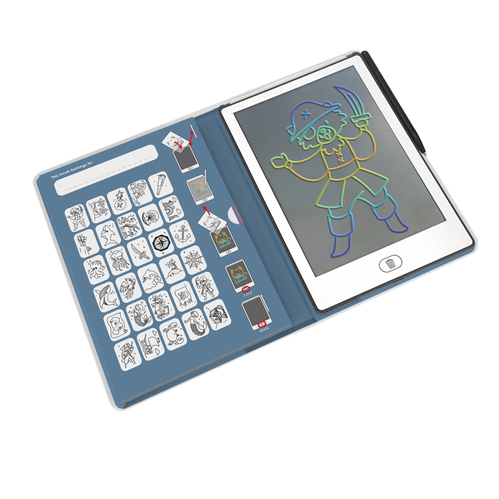 Digital drawing pad open to a pirate illustration with colorful lines on the right. Left side shows black and white drawing templates on a blue background.