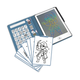 Digital drawing pad open to a pirate illustration with colorful lines on the right. Left side shows black and white drawing templates on a blue background.