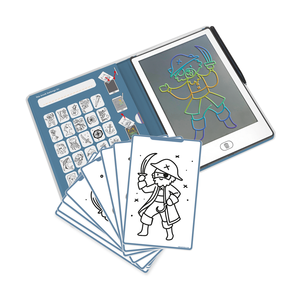 Digital drawing pad open to a pirate illustration with colorful lines on the right. Left side shows black and white drawing templates on a blue background.