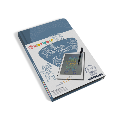 Packaging for a Kidywolf LCD tracing book features colorful drawings of animals and a digital tablet with a stylus, highlighting learning and creativity.