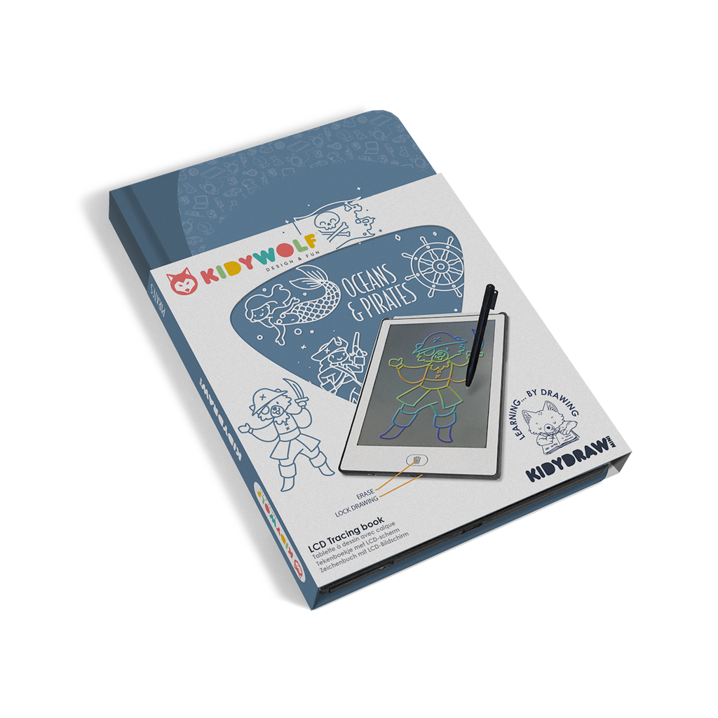 Packaging for a Kidywolf LCD tracing book features colorful drawings of animals and a digital tablet with a stylus, highlighting learning and creativity.