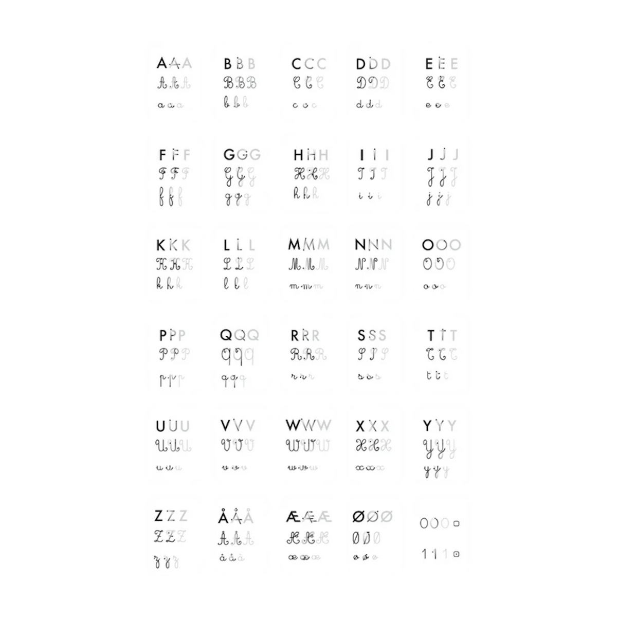 Educational tracing cards showing alphabet letters A-Z, special characters, and numbers in print and cursive styles.