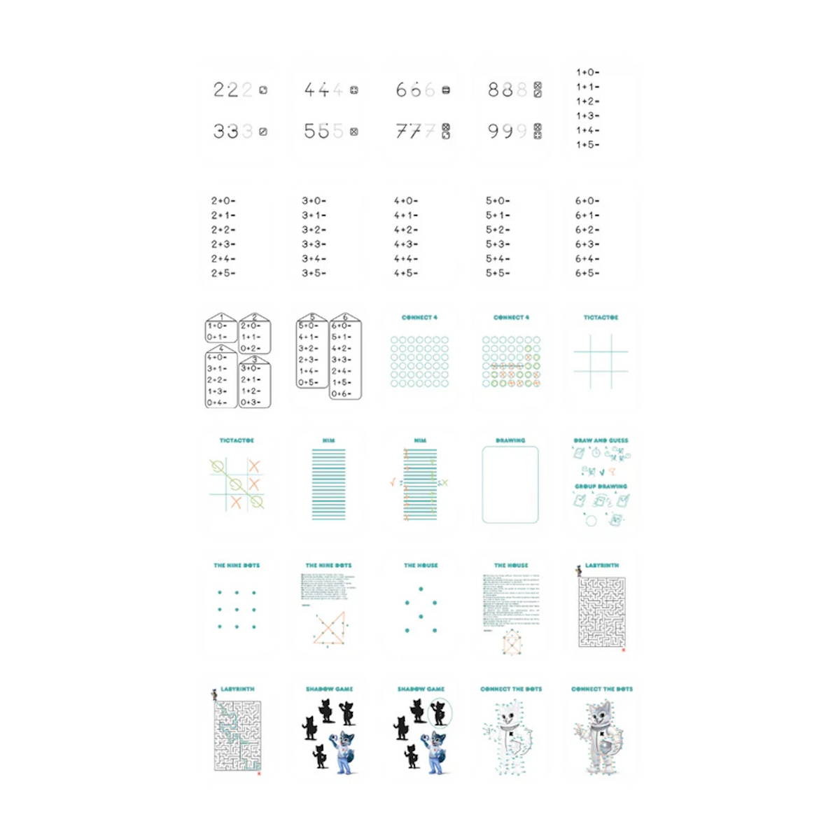 Educational activity cards featuring math drills, Tic-Tac-Toe, mazes, and drawing games for kids' learning and development.
