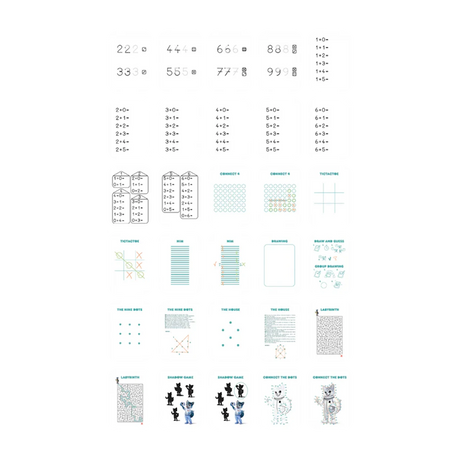 Educational activity cards featuring math drills, Tic-Tac-Toe, mazes, and drawing games for kids' learning and development.