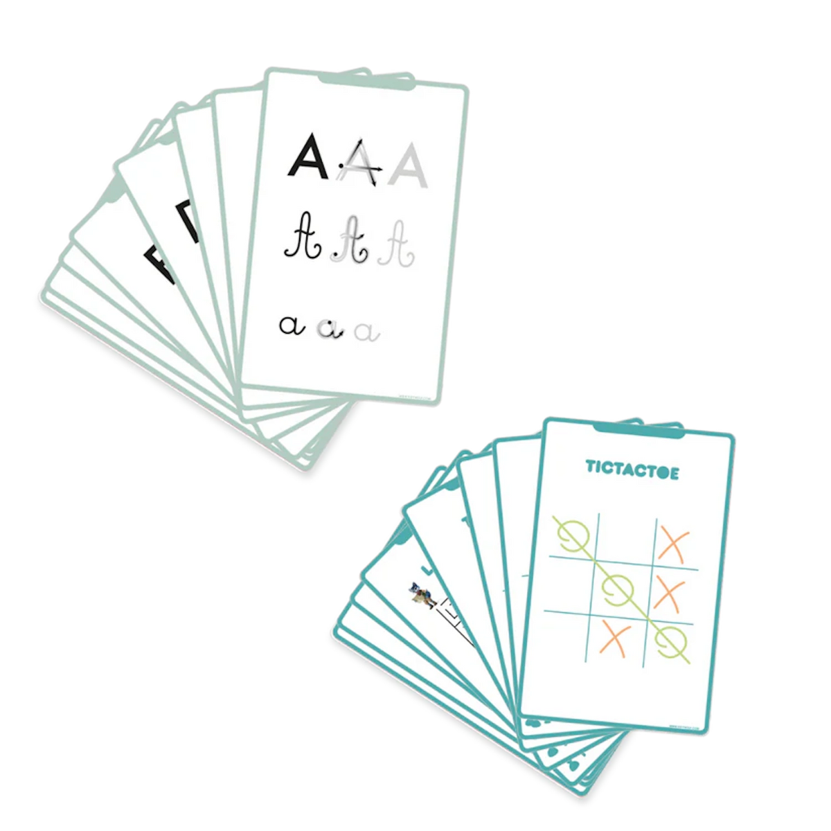 Educational drawing card kits for kids featuring alphabet tracing letters and a game of tic-tac-toe on white cards.