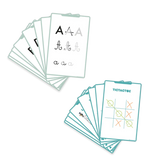 Educational drawing card kits for kids featuring alphabet tracing letters and a game of tic-tac-toe on white cards.
