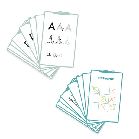 Educational drawing card kits for kids featuring alphabet tracing letters and a game of tic-tac-toe on white cards.