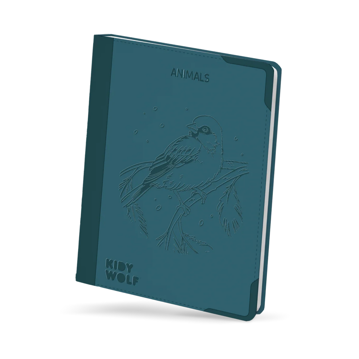 A teal drawing pad with an embossed illustration of a bird on a branch, titled "ANIMALS".