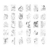 Grid of 30 square cards with black-and-white line drawings of various wild animals and insects.