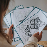 A child holds a fan of white drawing sheets with black outlines of butterflies and animals.
