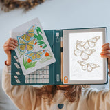 A child holds up a lit drawing pad with a butterfly sketch and a colored drawing of butterflies.