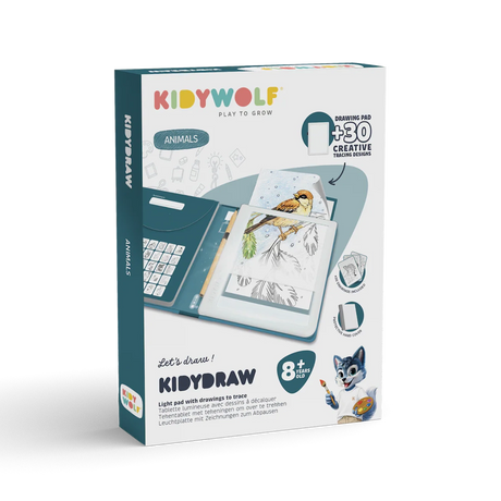 Product packaging for KIDYWOLF Kidydraw, a light pad for tracing animal drawings, featuring a bird design.