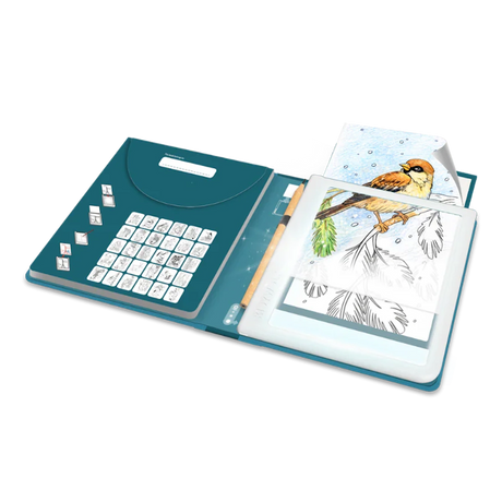 An open drawing pad kit with a light-up tracing tablet showing a bird drawing and a pencil.