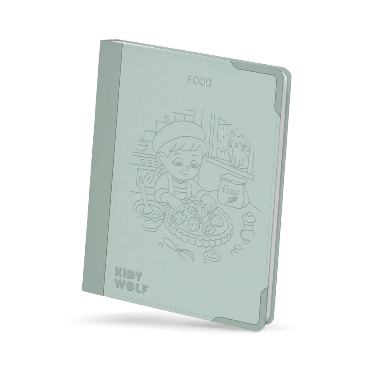 Light green Kidywolf drawing pad featuring a line illustration of a child baking a strawberry tart.