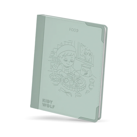 Light green Kidywolf drawing pad featuring a line illustration of a child baking a strawberry tart.