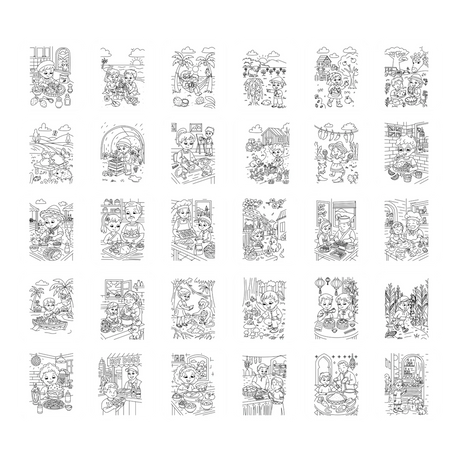 Grid of 30 line art cartoon illustrations showing children exploring and eating food around the world.