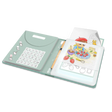 An open mint green drawing kit with an illuminated tracing pad, pencil, and a colorful drawing of a child.