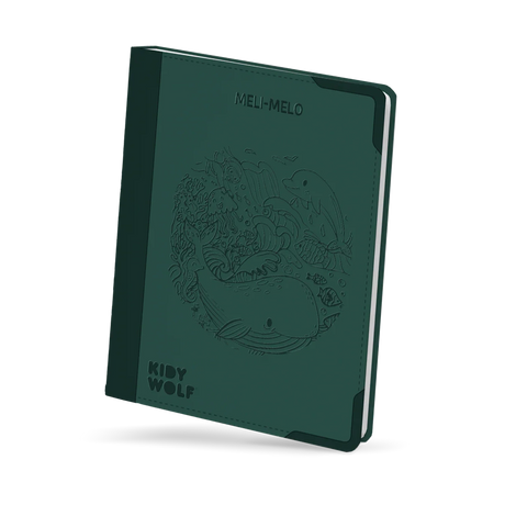 Dark green Kidywolf drawing pad featuring an embossed underwater scene with a whale and dolphin.